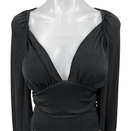 Free People In Your Arms Black Long Sleeve Shirred Bodysuit Blouse Top Size S