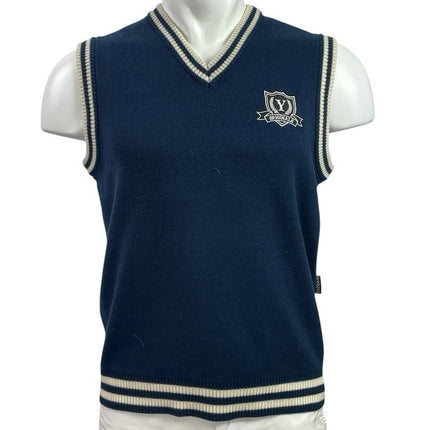 NEW YoMe Men's Navy Blue Knit V Neck Striped School College Sweater Vest Size S