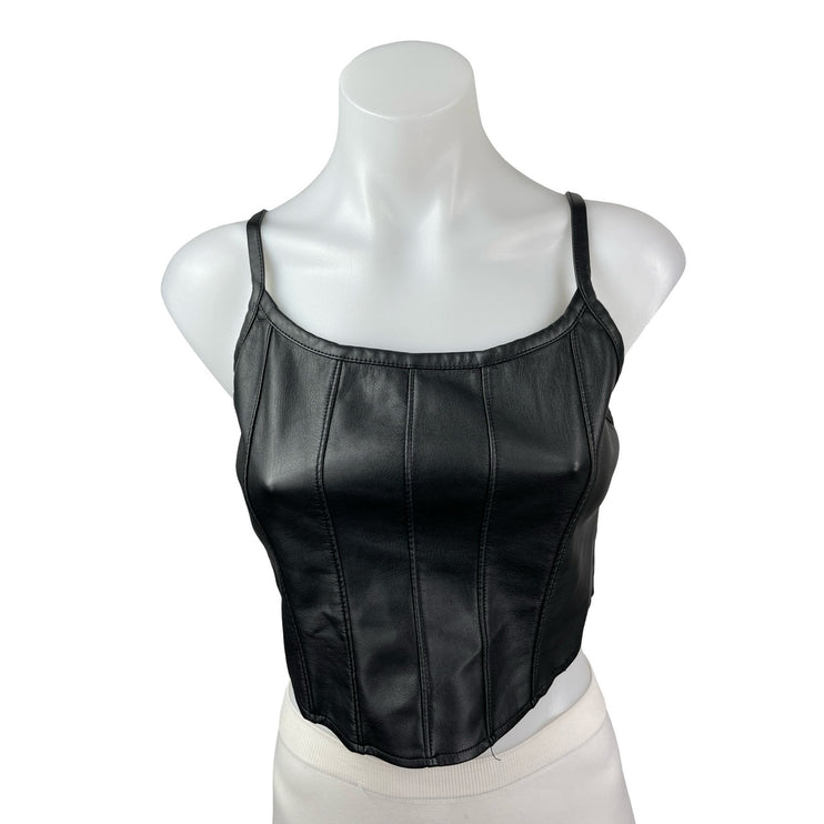 Kirious Black Faux Leather Vegan Corset Bustier Sleeveless Tank Crop Top Size M