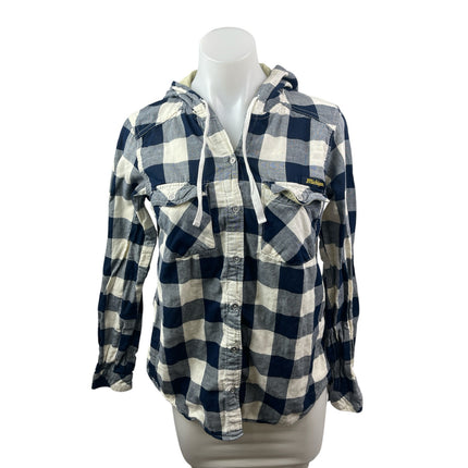 Columbia Womens Blue Plaid Flannel Long Sleeve Hoodie Button Up Shirt Top Size S