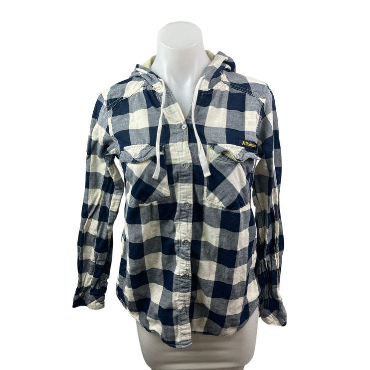 Columbia Womens Blue Plaid Flannel Long Sleeve Hoodie Button Up Shirt Top Size S