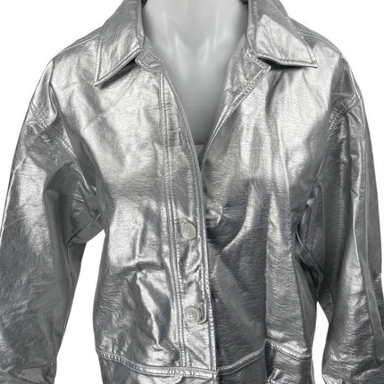 NIA Women's Silver Metallic Collared Long Sleeve Button Up Coat Jacket Size S