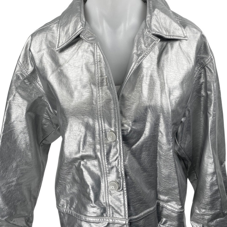 NIA Women's Silver Metallic Collared Long Sleeve Button Up Coat Jacket Size S