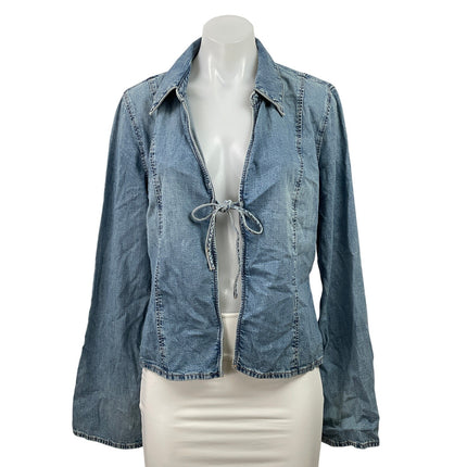 NEW Zara Blue Long Sleeve Collar Tie Knot Denim Jean Jacket Shirt Top Size XL