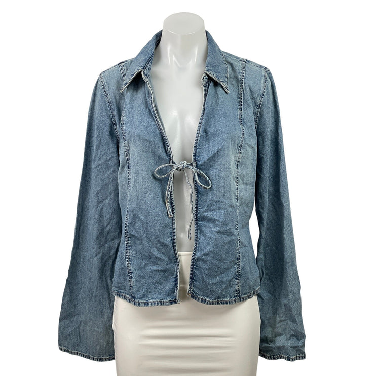 NEW Zara Blue Long Sleeve Collar Tie Knot Denim Jean Jacket Shirt Top Size XL
