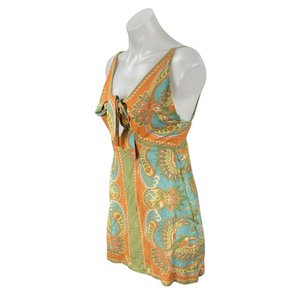 Farm Rio Coral Green Floral Paisley Tie Sleeveless Cami Backless Mini Dress M