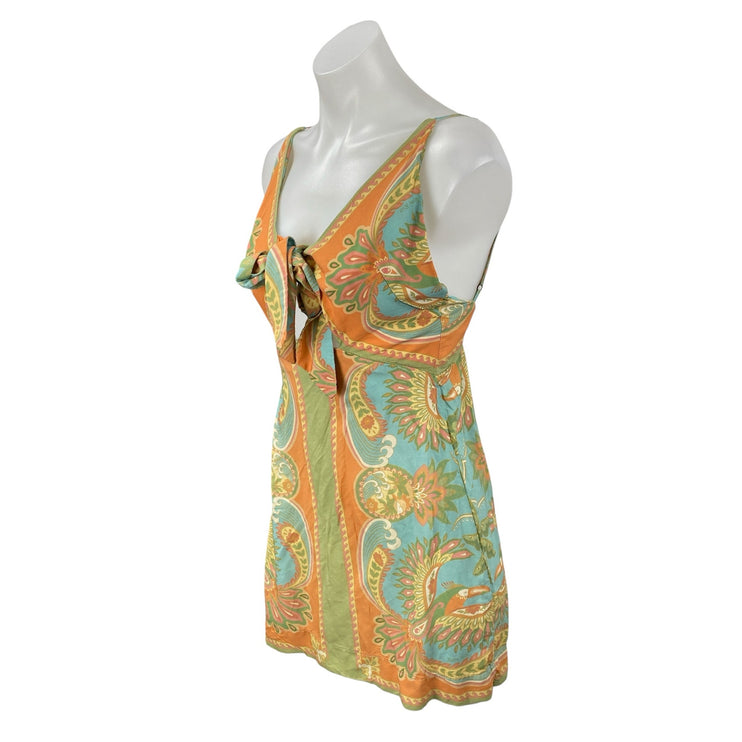 Farm Rio Coral Green Floral Paisley Tie Sleeveless Cami Backless Mini Dress M