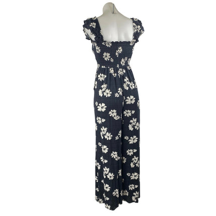 American Eagle Women's Black Floral Flutter Sleeve Smocked Wide Leg Jumpsuit S
