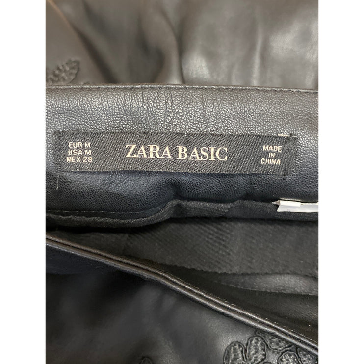 ZARA Black Faux Vegan Leather Floral Embroidered Midi Straight Pencil Skirt Sz M