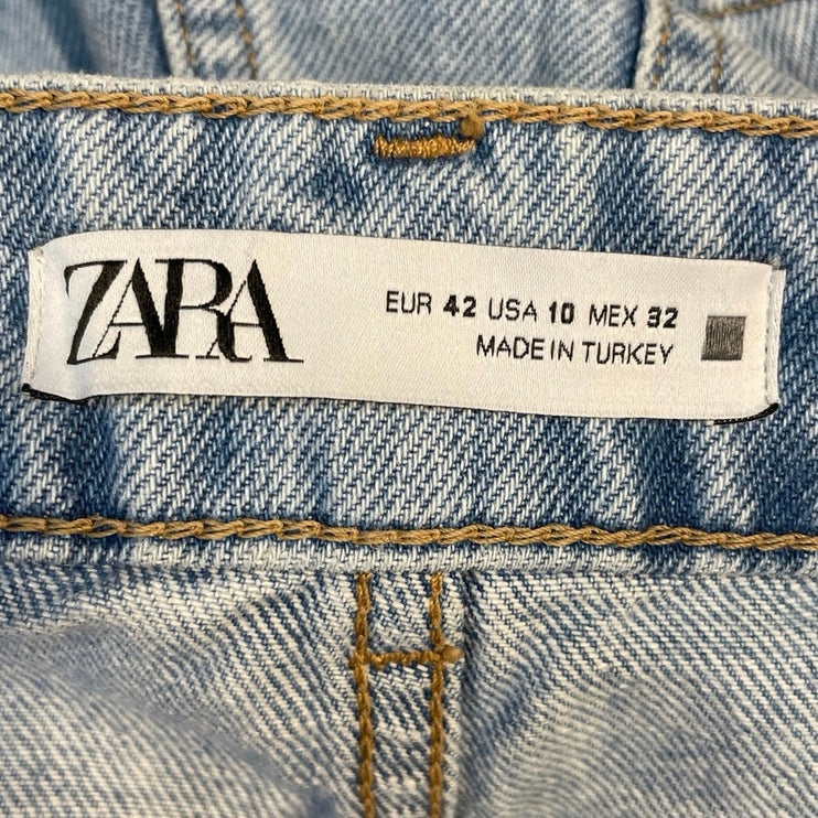 Zara Womens Blue High Rise Raw Frayed Hem Straight Leg Denim Jeans Pants Size 10