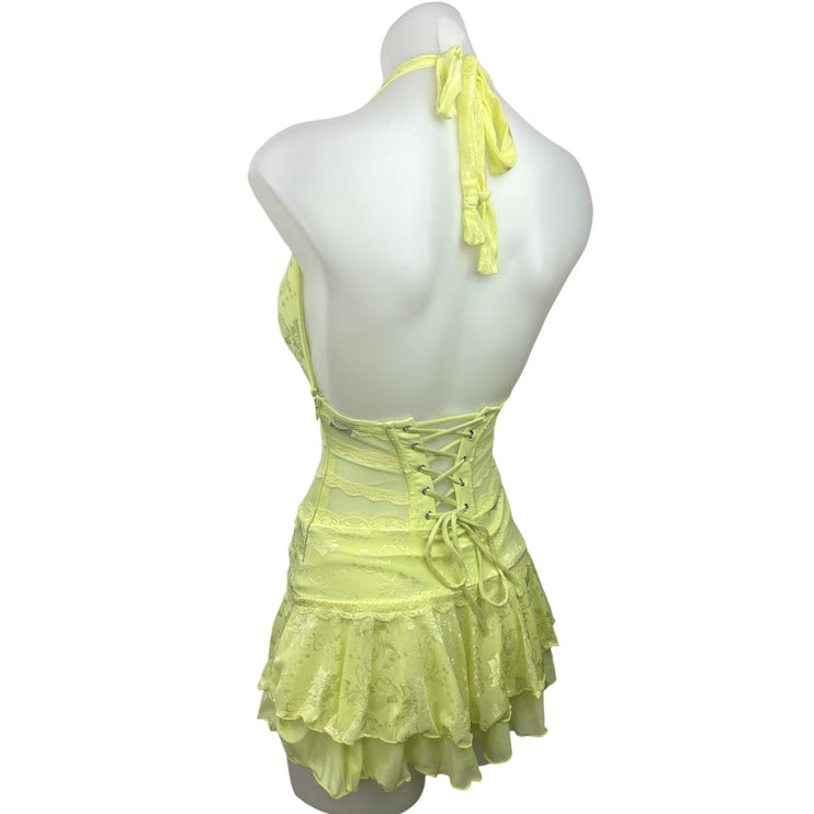 Outcast Yellow Mesh Plunging Halter Neck Backless One Piece Bodysuit Dress Sz XS