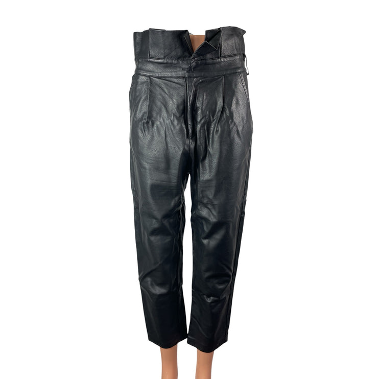 Women's Black Faux Leather Vegan High Rise Paperbag Straight Trousers Pants W30