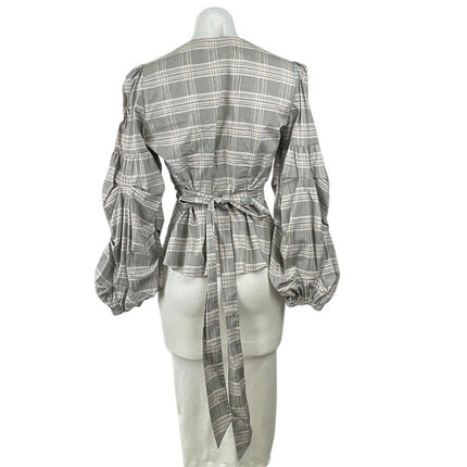 Uterque Tartan Plaid Check Ruched Long Sleeve Tie Back Wrap Peplum Blouse Top M