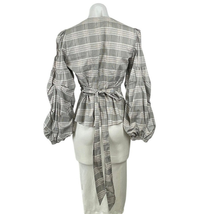 Uterque Tartan Plaid Check Ruched Long Sleeve Tie Back Wrap Peplum Blouse Top M