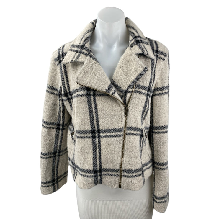 Z Supply Wakefield Plaid Ivory Check Collared Long Sleeve Moto Coat Jacket Sz M
