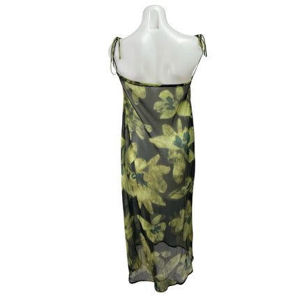 Commense Green Floral Mesh Long Sleeve Tie Cardigan Tank Midi Dress Set Size M