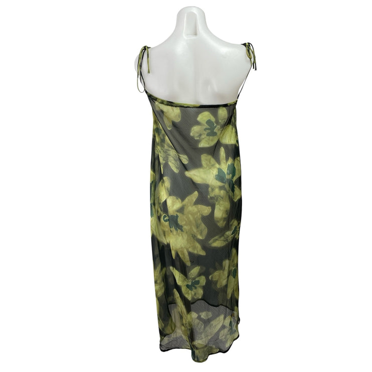 Commense Green Floral Mesh Long Sleeve Tie Cardigan Tank Midi Dress Set Size M