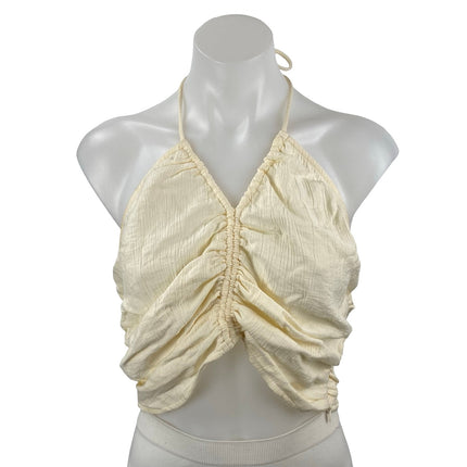 Zara Yellow Halter V Neck Ruched Sleeveless Backless Open Back Crop Top Size M