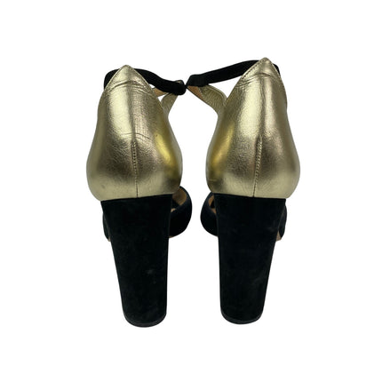 Vero Cuoio Black Gold Peep Toe Block Heels Sling Back Platform Sandals 39.5 US 8
