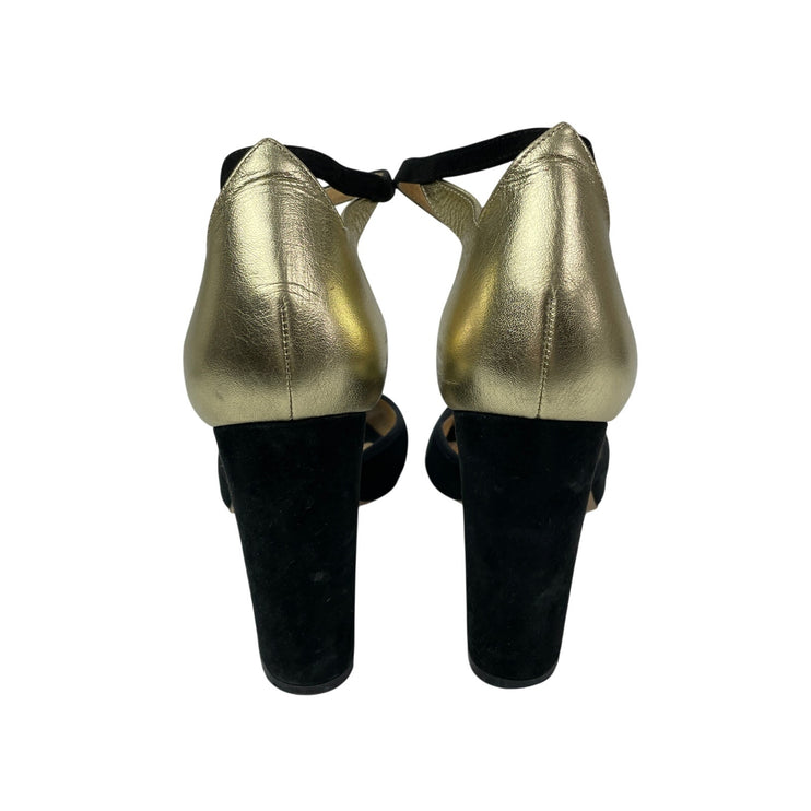 Vero Cuoio Black Gold Peep Toe Block Heels Sling Back Platform Sandals 39.5 US 8