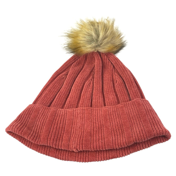 Lululemon Perfection Red Rib Knit Cuffed Faux Fur Pom Pom Beanie Cap Hat Size OS