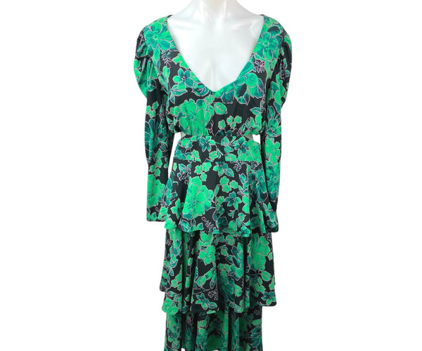 Topshop Green Black Floral V-neck Cutout Tiered Long Sleeve Midi A-lin –  Brie