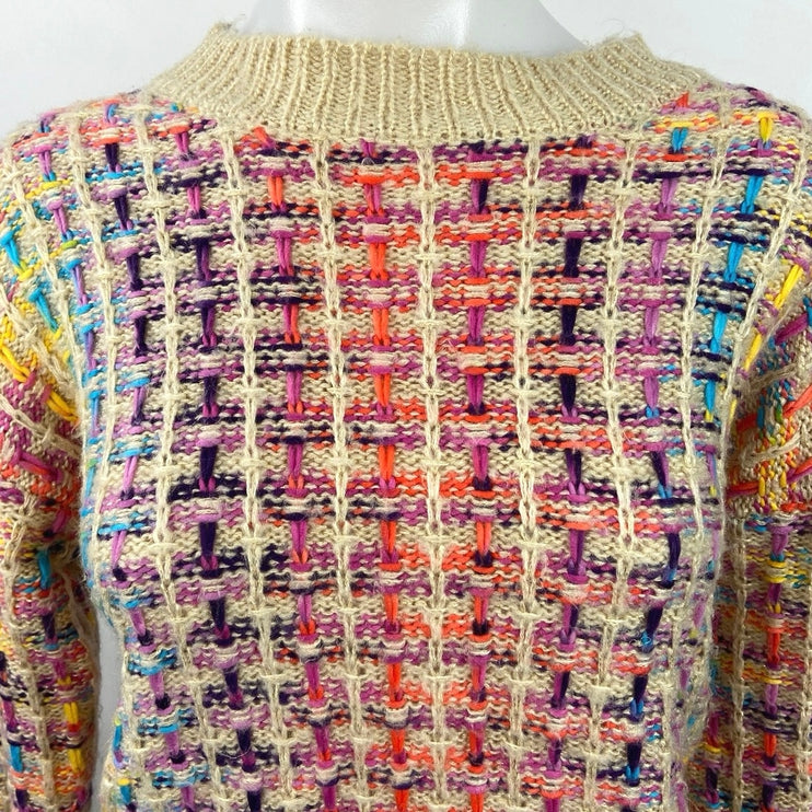 Shein Multicolor Plaid Crochet Knit Long Sleeve Drop Shoulder Sweater Top Size 6