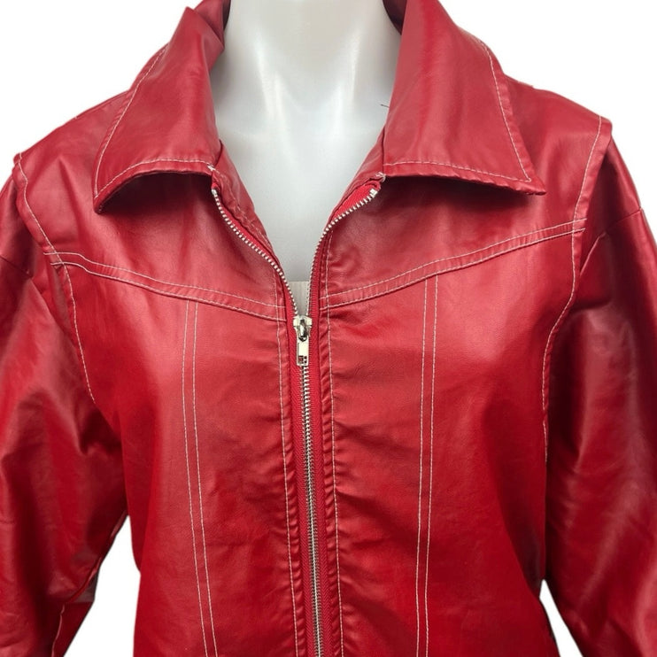 Women's Red Faux Vegan Leather Zip Up Collar Oversized Moto Jacket Coat Size S