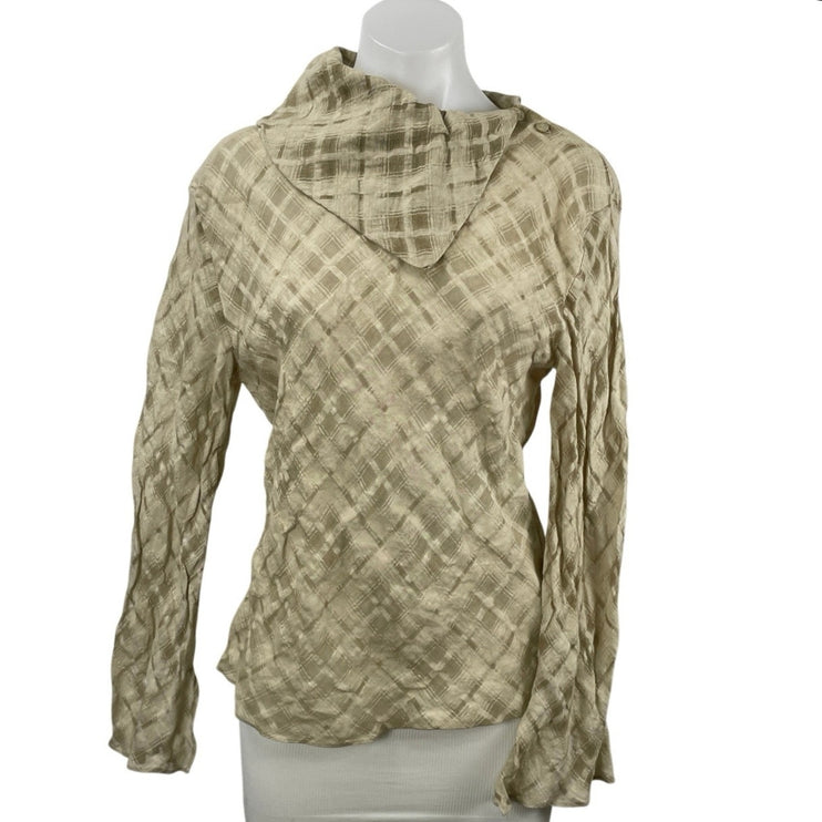 Zara Women's Beige Linen Plaid Cowl Neck Long Sleeve Shirt Blouse Top Size M