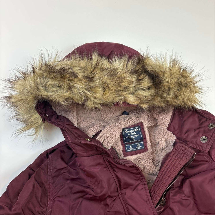 Abercrombie &amp; Fitch Womens Deep Red Maroon Fur Trim Hooded Lined Water Resistant Button Down Sleeve zip Pocket 100% Nylon Puffer Parka Coat Jacket Size XS