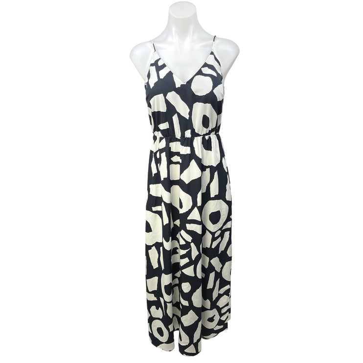 Ann Taylor LOFT Black White Sleeveless Geometric V Neck Blouson Maxi Dress Sz 0