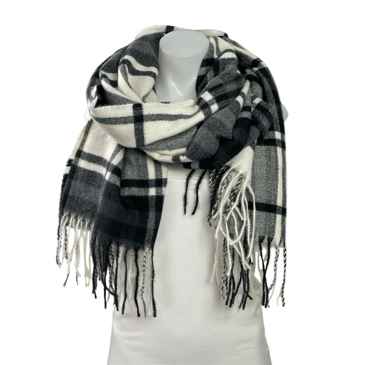 Marine Layer Women's Black White Plaid Check Fringe Wrap Shawl Neck Scarf OS