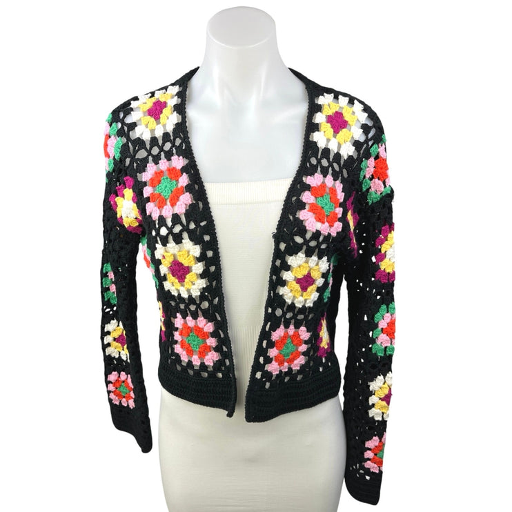 Wild Fable Black Crochet Floral Boho Granny Square Crop Cardigan Sweater Top M