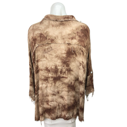 12th Tribe Brown Ritual Mocha Tie Dye Button Up Ripped Edges 3/4 Sleeve Top Sz L