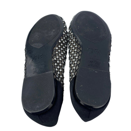 Zara Women's Black Mesh Jeweled Rhinestone Round Toe Slip On Ballet Flats Sz 6.5