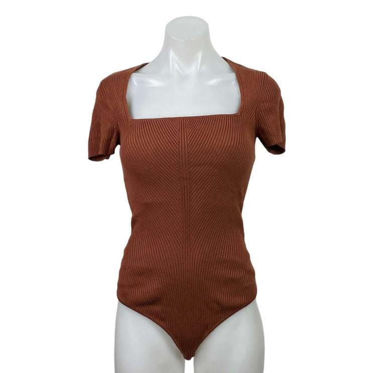 Abercrombie & Fitch Brown Ribbed Knit Square Neck Thong Bodysuit Top Size M