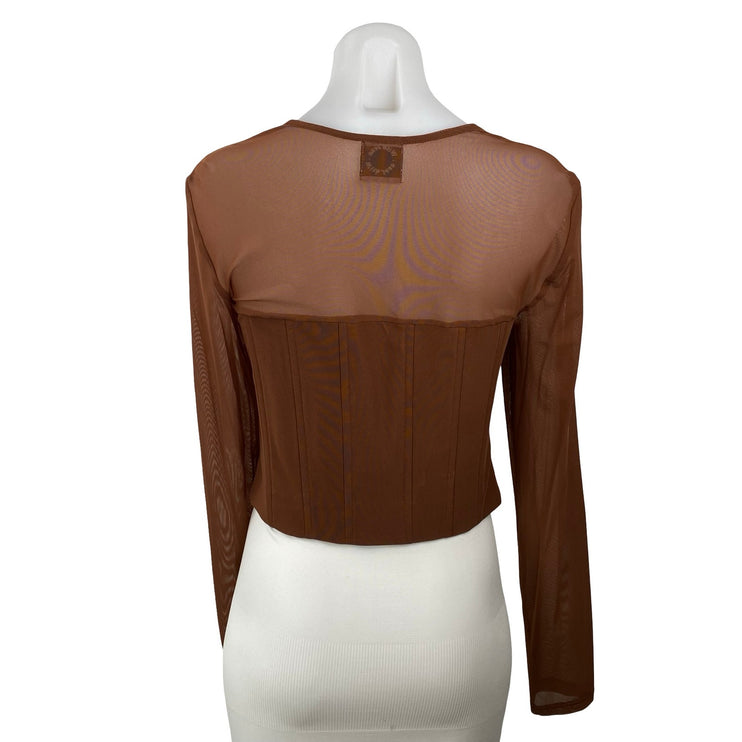 With Jean Al Women's Sheer Mesh Square Neck Long Sleeve Crop Corset Blouse Top M