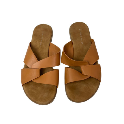 Centro Point Women's Brown Open Toe Slip On Cross Strap Flat Sandals Slides 6.5
