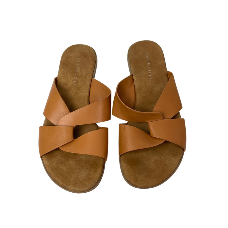 Centro Point Women's Brown Open Toe Slip On Cross Strap Flat Sandals Slides 6.5