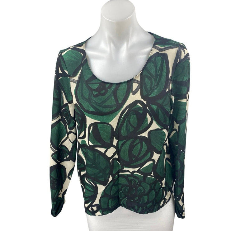 Zara Women's Green Leaf Graphic Print Long Sleeve Scoop Neck Blouse Top Size S