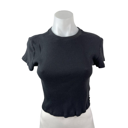 Aritzia TNA Women's Black Ribbed Knit Crew Sculpt Cropped T Shirt Tee Top Size L