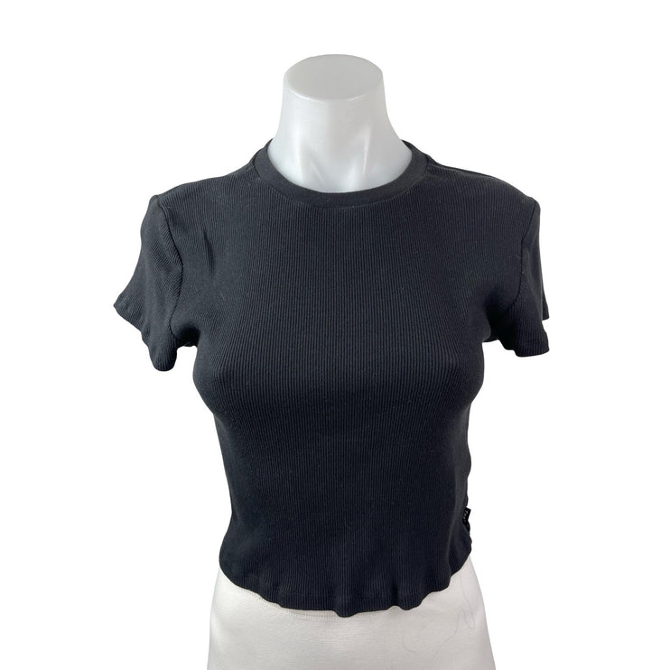 Aritzia TNA Women's Black Ribbed Knit Crew Sculpt Cropped T Shirt Tee Top Size L