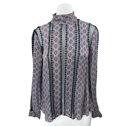 Cinq A Sept Multicolor 100% Silk Satin Floral Mesh Long Sleeve Blouse Top Size S