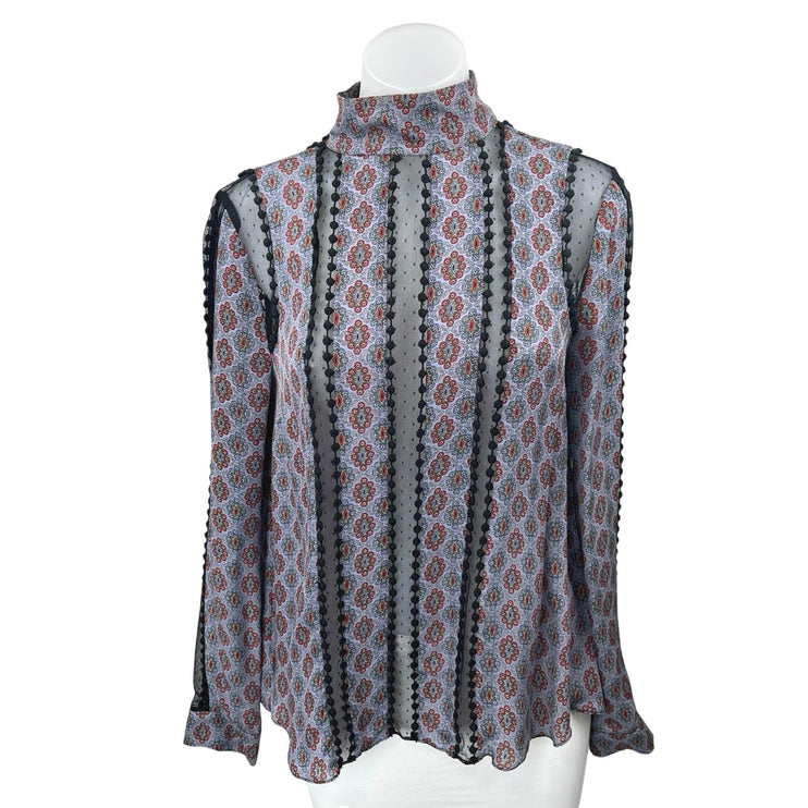 Cinq A Sept Multicolor 100% Silk Satin Floral Mesh Long Sleeve Blouse Top Size S