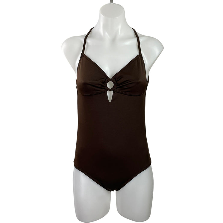 J.Crew Women's Brown Open Back Ring V Neck One Piece Swimsuit Swimwear Size 8