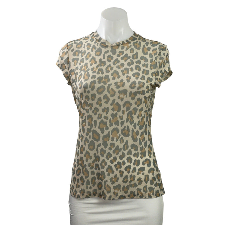 AFRM Women's Beige Leopard Animal Print Short Sleeve Crew Neck T Shirt Tee Top L