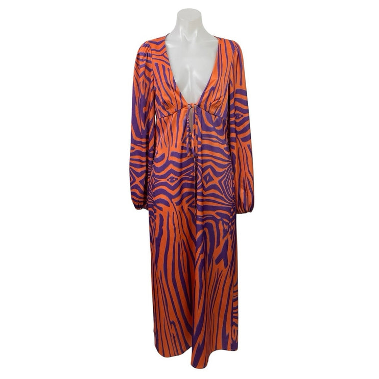 AFRM Portia Coral Zebra Animal Print Long Sleeve Plunge Tie Maxi Dress Size M