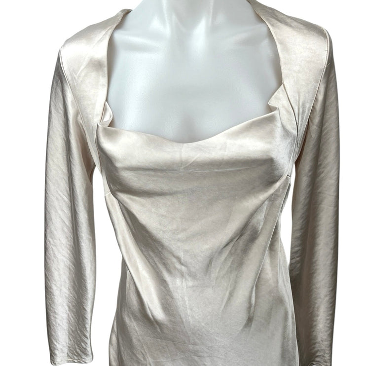 NEW Selfie Leslie Beige Champagne Silk Satin Long Sleeve A Line Mini Dress XS