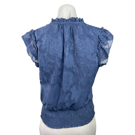 Haver Women's Blue Floral Embroidered Ruffle V Neck Smocked Blouse Top Size M