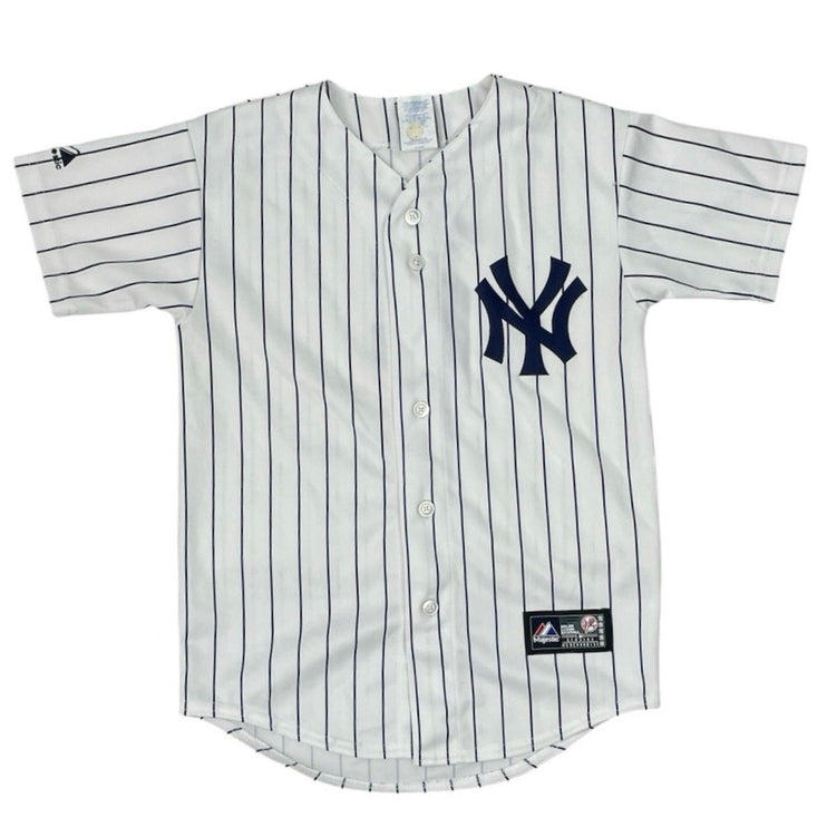 Majestic Kids Boys White New York Yankee #2 MLB Button Up Jersey Top Size M